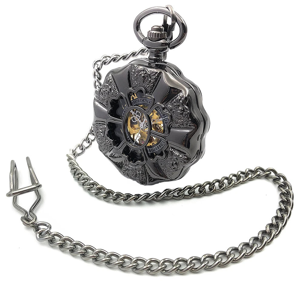Black Case Half Hunter Roman Number Dial Steampunk Vintage Hollow Analog Skeleton Hand Winding Mens Mechanical Pocket Watch Gift Black Case Half Hunter Roman Number Dial Steampunk Vintage Hollow Analog Skeleton Hand Winding Mens Mechanical Pocket Watch Gift