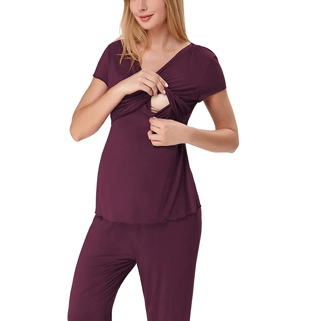 Новые летние модные женские туфли для беременных с коротким рукавом кормящих футболка для малышей Топ+ длинные штаны комплект пижам Z4