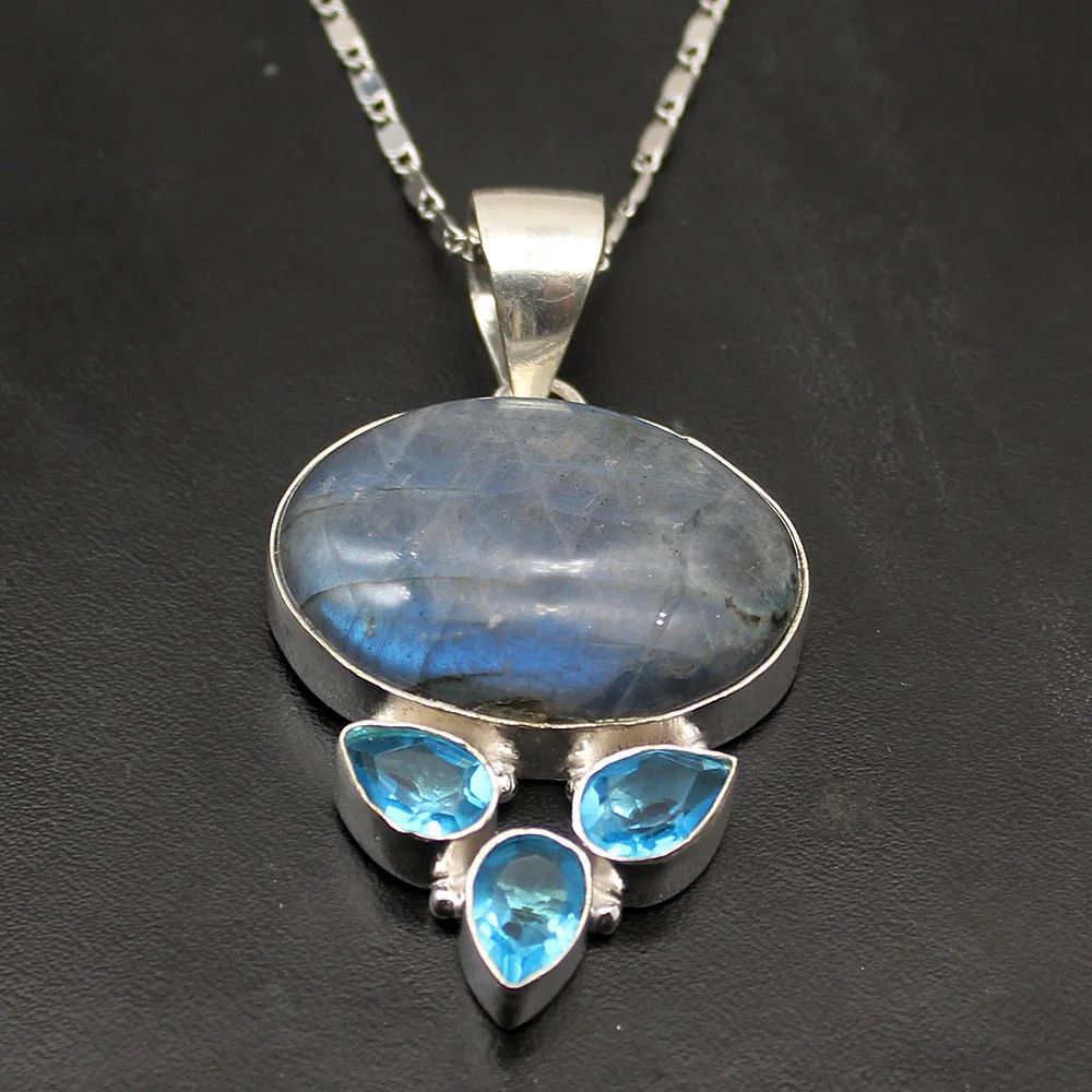 

Gorgeous Antique Black Labradorite Topaz925 Sterling Silver Necklace Pendant Charms 2 1/8 Inch NY1182 Free Shipping