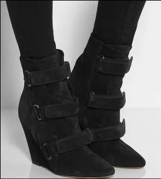 

Suede boots women Autumn Winter boots pointed toe super high wedges heel designer women leather ankle boots black white