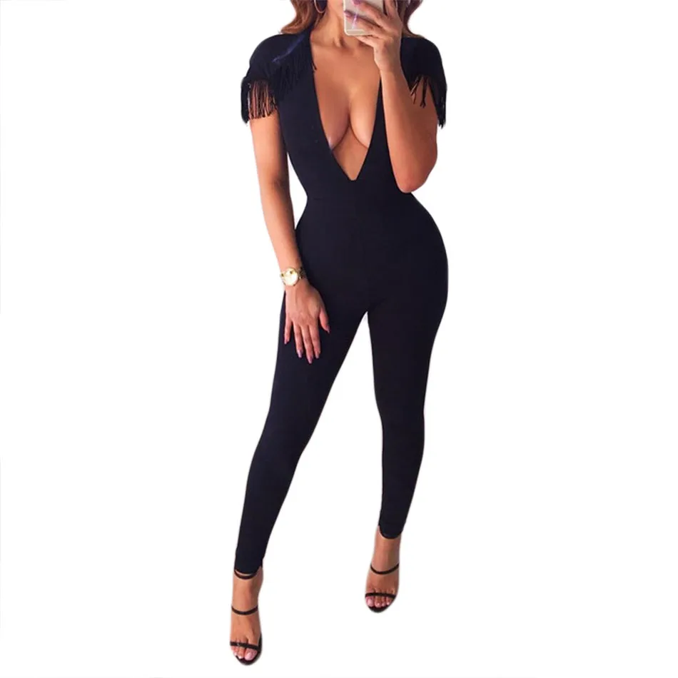 

2019 New Women Black Sexy Short Sleeve Deep V Tassel Bodycon Knitted Celebrity Full Length Party Bandage Jumpsuit