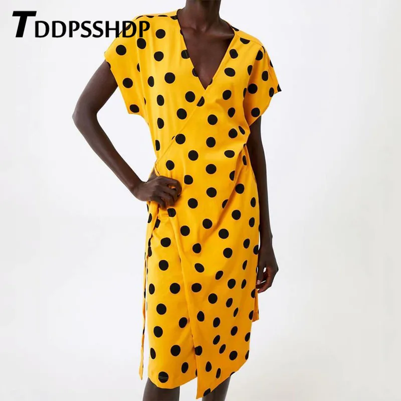 

Big Polka Dot Printing Women Dress Yellow Color Short Sleeve V Neck Wrap Style Female Dresses