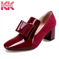 KemeKiss Size 33-43 Vintage Women Genuine Leather High Heel Shoes Women Bowknot Patent Leather Thick Heel Pumps Women Footwear