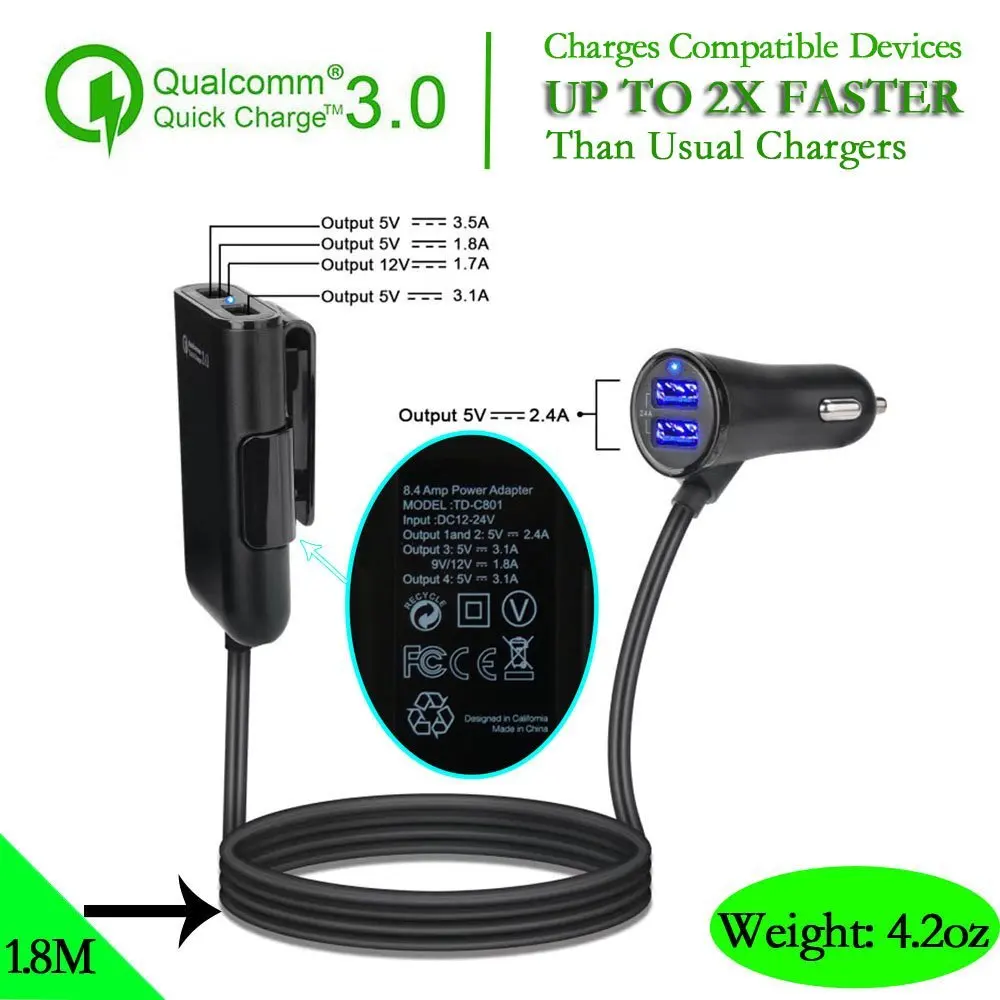 AS 4 ميناء USB QC 3.0 شاحن سيارة ل عودة الجبهة مقعد مع تمديد كابل لسامسونج S8 S7 حافة هواوي p20 Xiaomi 5 RU الأسهم