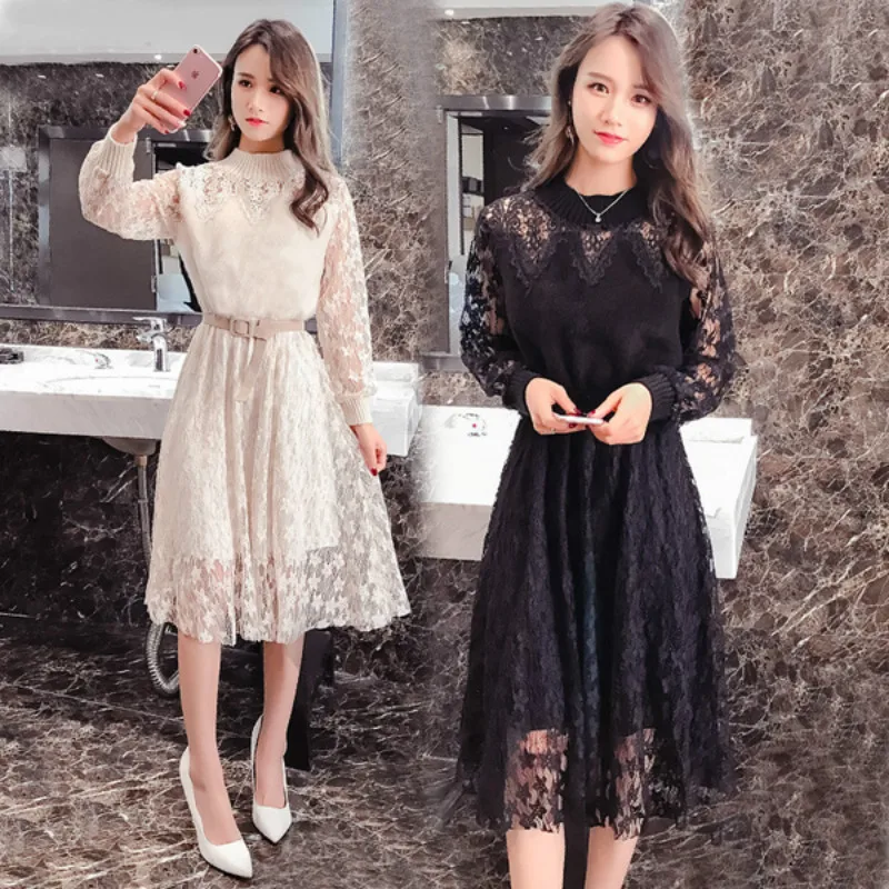 

Korean long-sleeved Mesh Lace dress Slim spring autumn dresses black sexy midi dress vestidos mujer 2019 Bottoming women dress