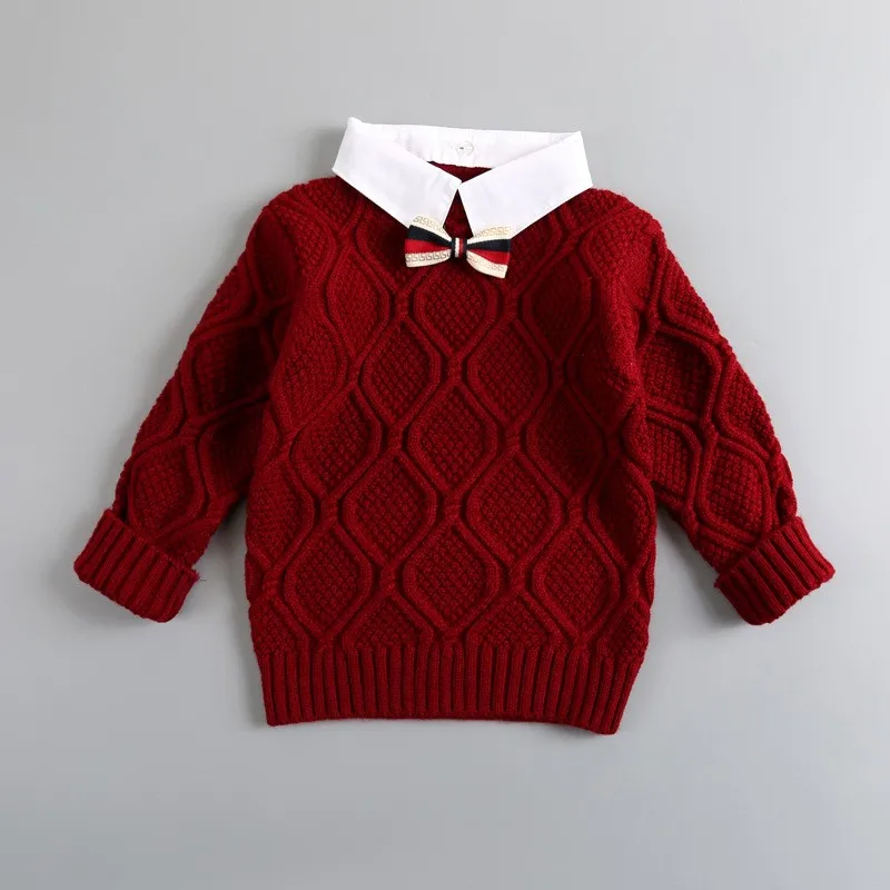 Новые модные детские однотонные свитера на осень и зиму, вязаная одежда для мальчиков, топы с отложным воротником и бантом