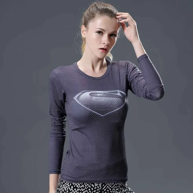 Женская футболка для пробежки, боди, костюм Марвел, Супермен/Бэтмен, футболка с длинным рукавом, для девушек, для фитнеса, компрессионная футболка - Цвет: Темно-серый