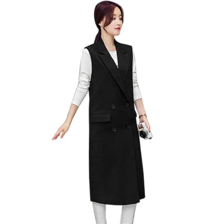Women Black Long Vest Coat 2018 European Style Double Breasted Waistcoat Sleeveless Vest Femme Outwear Casual Tops Roupa Female