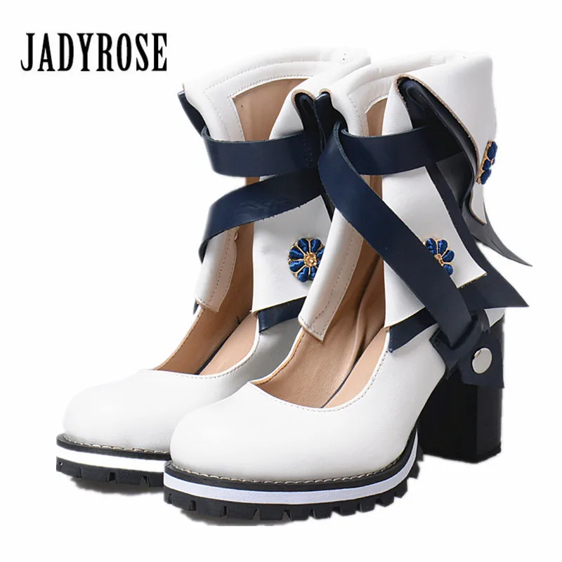 Jady Alto Británico Rosa Verano Las Bombas Mujeres Mujer Grueso Zapatos Tobillo Correas Genuino rojo Blanco Azul amarillo Plataforma Con De Tacón Botas Cuero rrgxT6