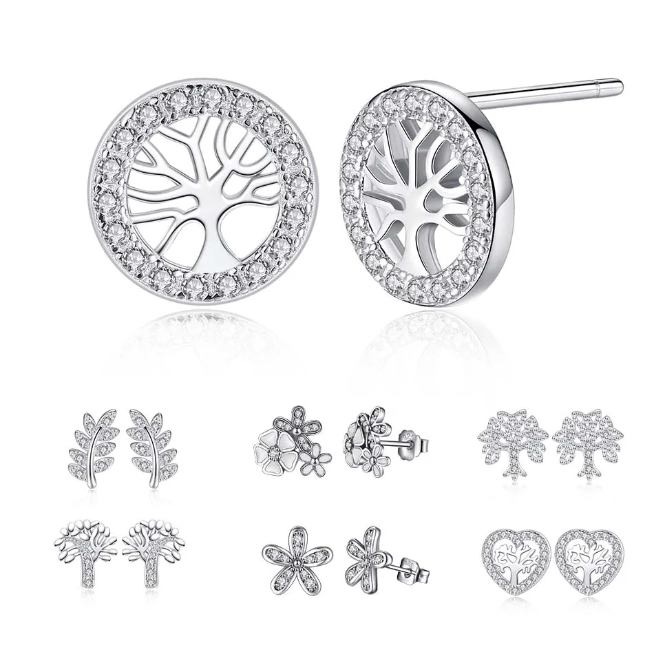

BELAWANG Real 925 Sterling Silver Daisy Tree Heart Stud Earrings with Zircon Crystal Earrings for Women Ladies Bijoux Gift