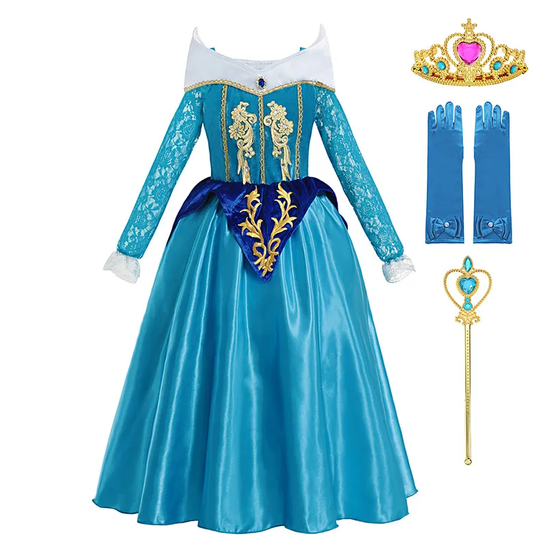 Blue Dress Set-3 Платье принцессы Авроры в цветочек для девочек, платье Спящей красавицы, кружевное бальное платье с длинными рукавами и вышивкой, детская одежда на Хэллоуин, карнавал - Цвет: Blue Dress Set-3