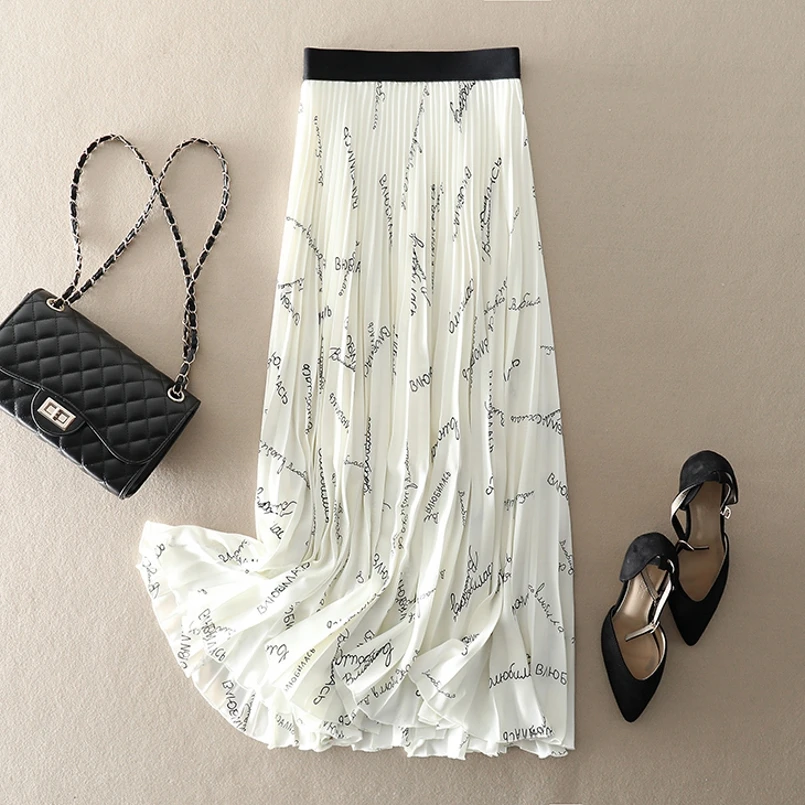

New 2019 Women Elegant Skirt Summer Letter Print Elegant Pleated Skirt Ladies Casual High Waist Long Skirts White Black
