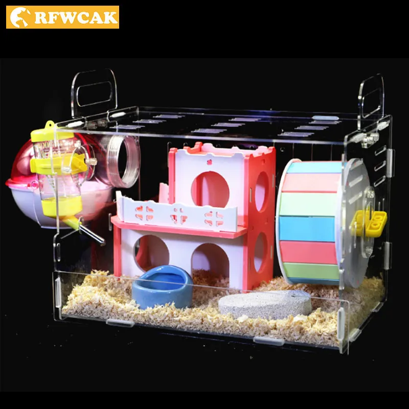 

RFWCAK Luxury Hamster Cage Funny Guinea Pig Cage Acrylic Small Pets Mice House Chinchilla Ferret Hedgehog Hamster Accessories