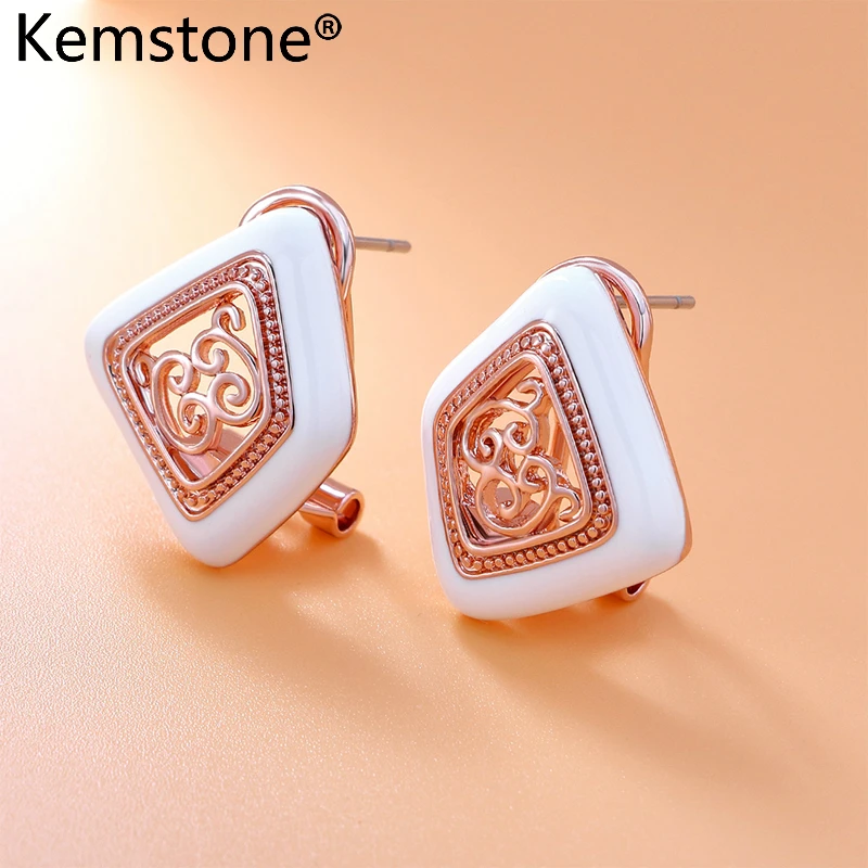 

Kemstone Teal Enamel Filigree Vine Stud Earrings Rose Gold/Silver Color Geometry Women Jewelry