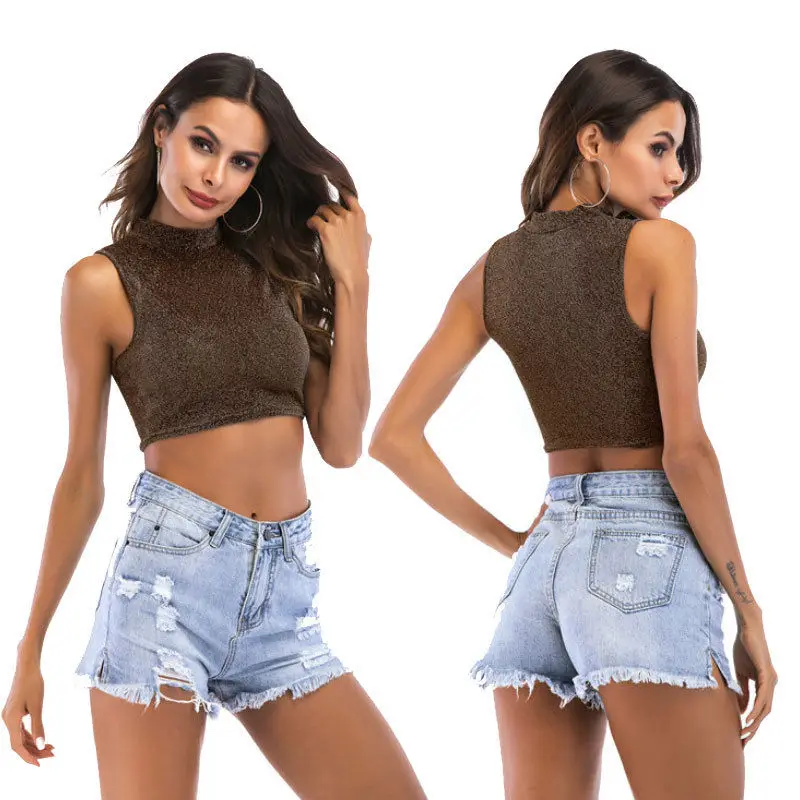 

Fashion Women Casual Tank Crop Tops Summer Turtleneck Sleeveless Solid Vest Top Women Clothing