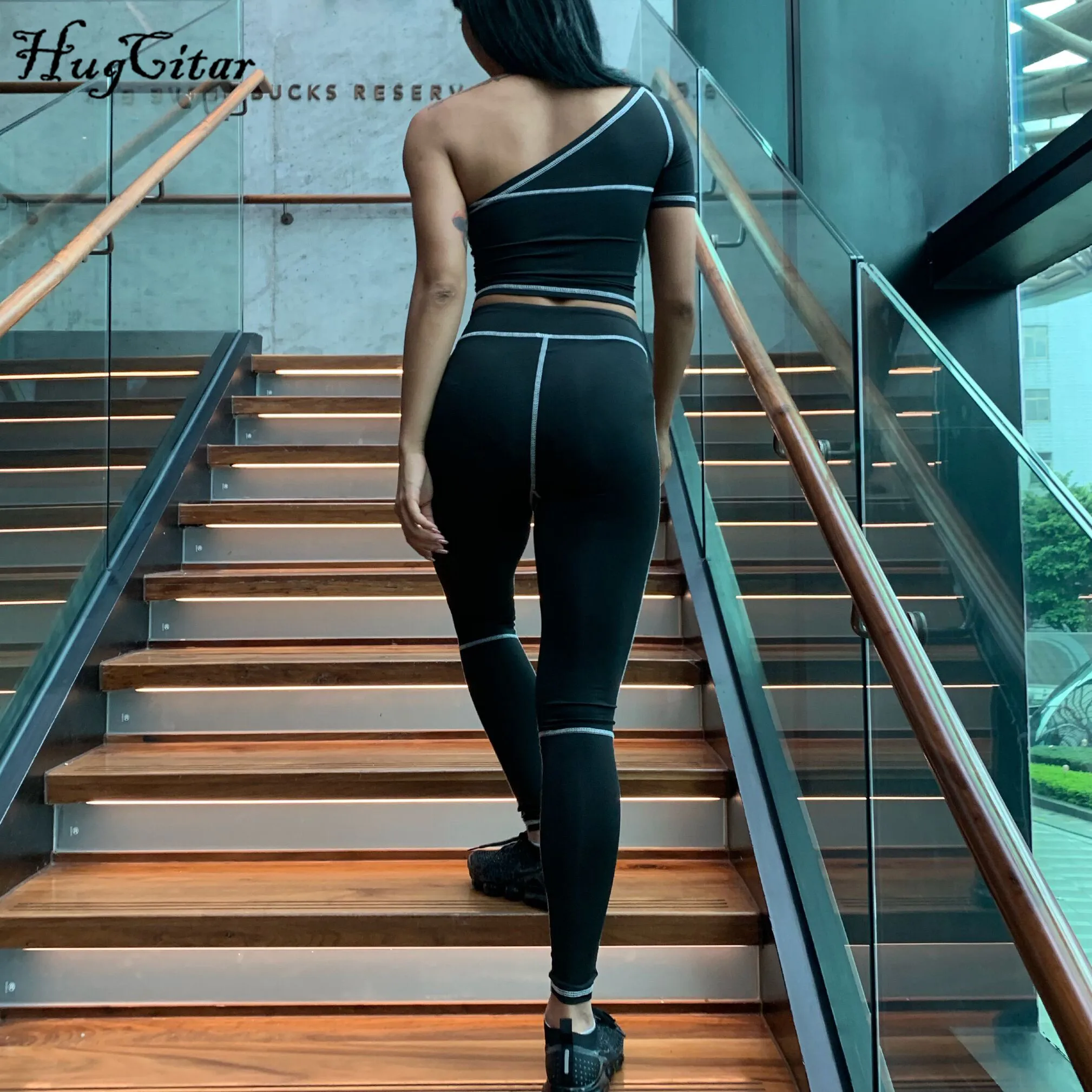  Hugcitar one-shoulder ctop tops high waist elastic leggings stripes patchwork 2019 summer women fas