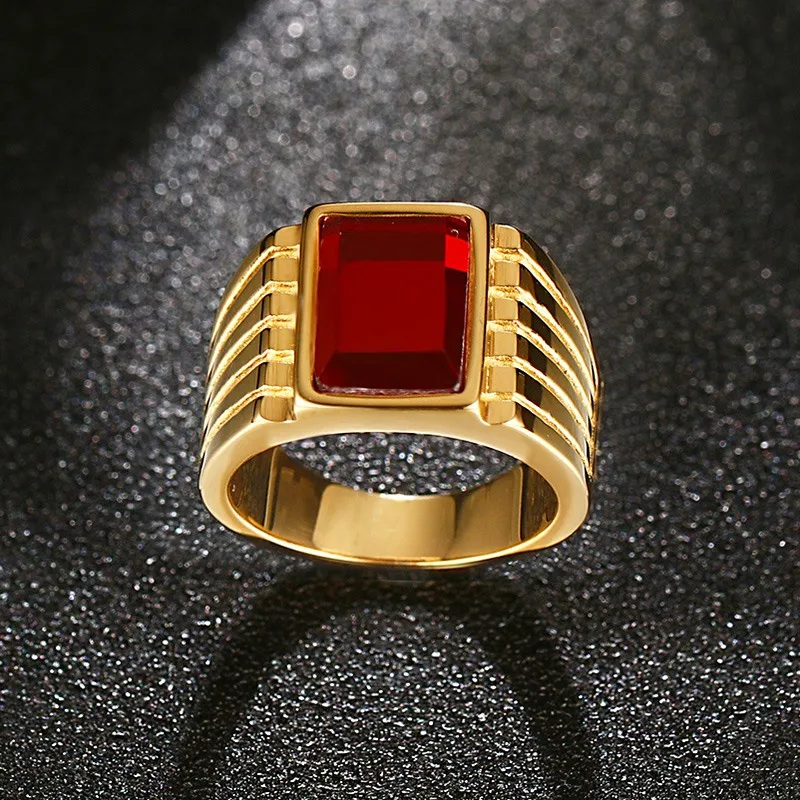 Meaeguet 14mm Wide Men's Square Created Red Stone Rings Gold-Color Stainless Steel Jewelry Bague Anillos US Size 7-11