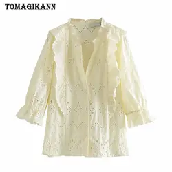 Выдалбливают Женская блузка с вышивкой рубашка 2019 Лето V шеи оборками дамы Blusas топы Camisa Mujer