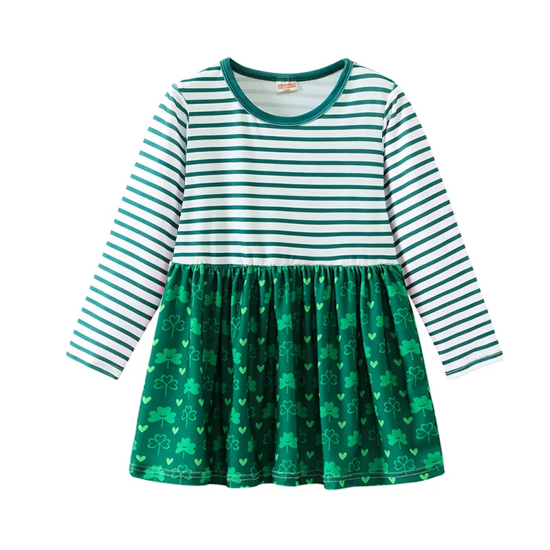Summer Casual Printed and Striped Patchwork Baby Princess Girls Long-Sleeved Dress Girls Clothes For 2-7 Years Old