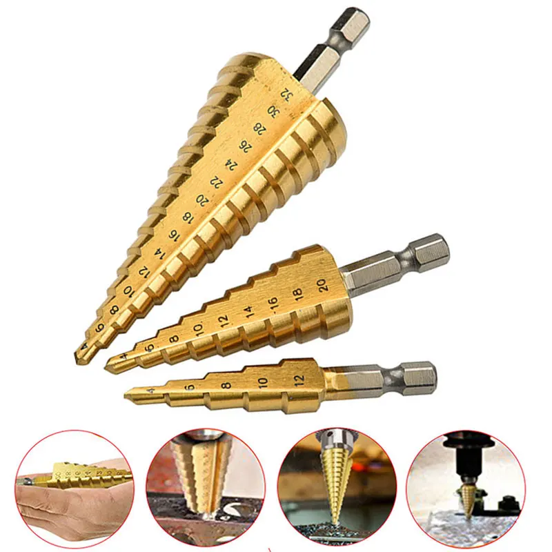 

3Pcs Set Hex Shank Milling Cutter Cone Titanium 3-12 4-12/20/32mm 1/4 Straight Grooved Metal Step Drill Bit Drilling Hole Tool