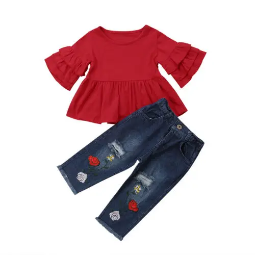 

Toddler Kids Baby Girls 2PCS Outfits Shirt Tops+Denim Floral Long Pants Sets