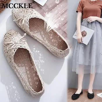 

MCCKLE Mesh Lace Shoes Woman Flats Hollow Out Shallow Loafers Bowtie Autumn Ladies Breathable Soft Casual Slip On Sweet Female