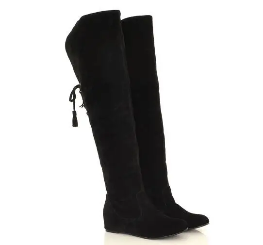 XingDeng/новые женские зимние сапоги выше колена на плоской подошве со шнуровкой рыцарские сапоги, увеличивающие рост; большие размеры 34-43 - Цвет: black