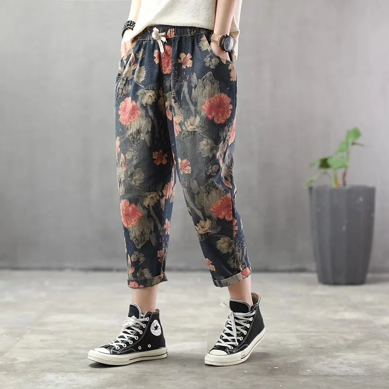 

Summer Woman Plus Size Vintage Jeans 2019 Elastic High Waist Floral Print Calf-length Pocket Denim Harem Pants Retro Streetwear