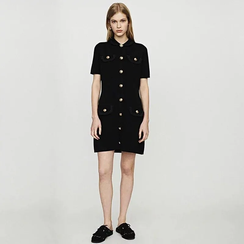 

2019 New Women Slim Dress Single Breasted Peter Pan Collar Knitted Mini Dress