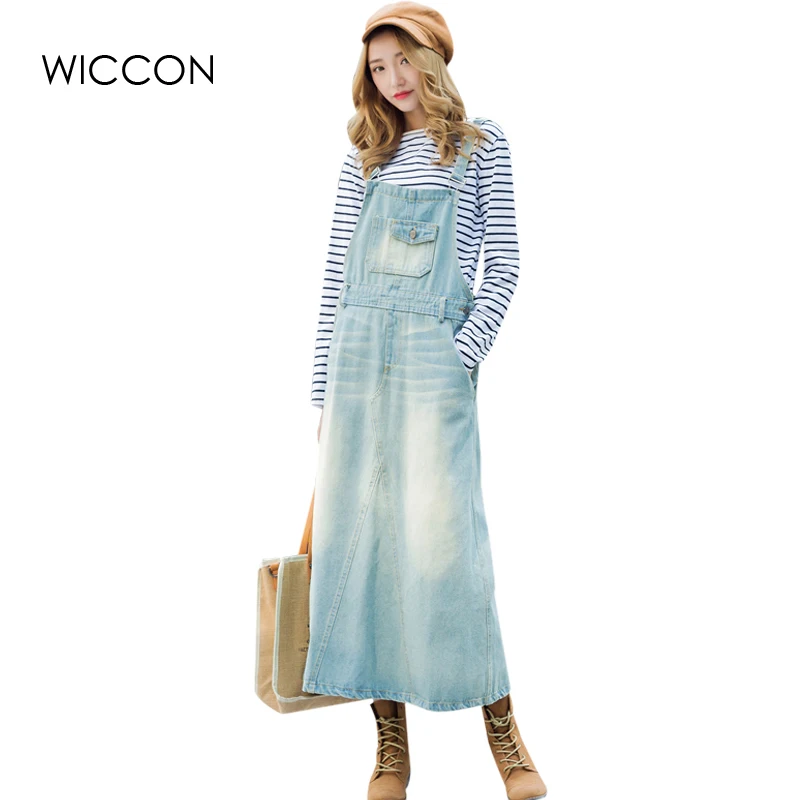 

New Arrival Denim Dress Scratched Strap Jeans Women Dress Preppy Style Suspender Denim Sundress Overall Dresses vestidos WICCON
