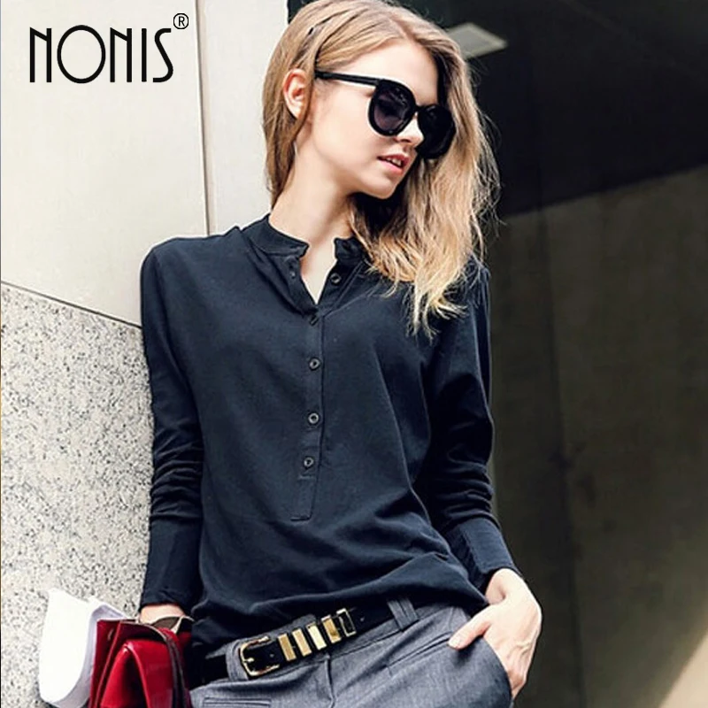 

Nonis 2017 New Spring Summer Long Sleeve V-Neck With Buttons T-Shirt Loose Casual Teens Soft Cotton Blue Khaki Gray T-shirt