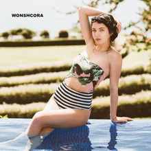 WONSHCORA зеленый лист женский купальник Высокая талия цветочный нижнее белье бикини сексуальный пляжный купальник полосатые плавки
