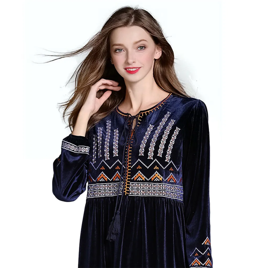 Рамадан Турция одежда из Дубая для женщин Elbise женщины мусульманский Арабский исламский Ближний Восток этнический принт абайя с длинным рукавом DressY57