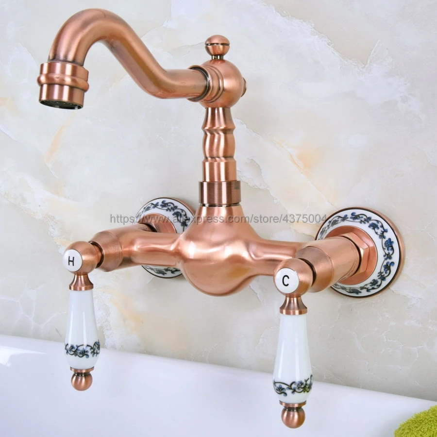 Antique Red Copper Bathroom Basin Faucet Wall Mounted Double Handle Swivel Spout Hot and Cold Mixer Faucet Nnf955