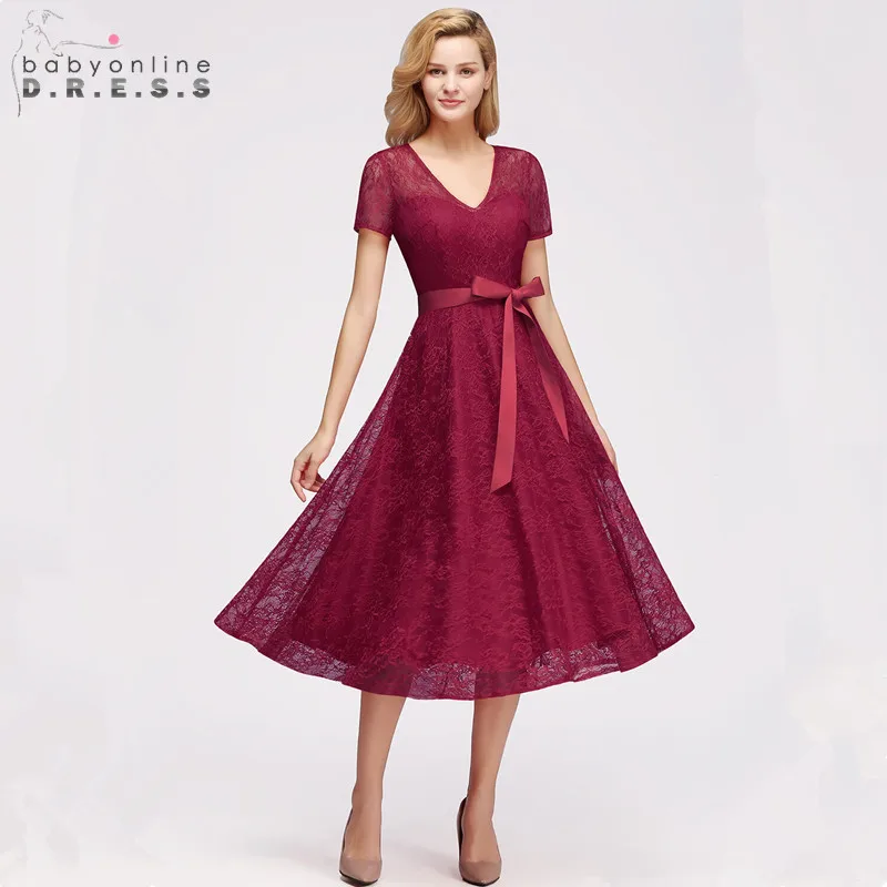 

Sexy Plus Size Short Lace Evening Dress Elegant V Neck Short Sleeves Tea Length Evening Gown With Sashes Robe De Soiree Courte