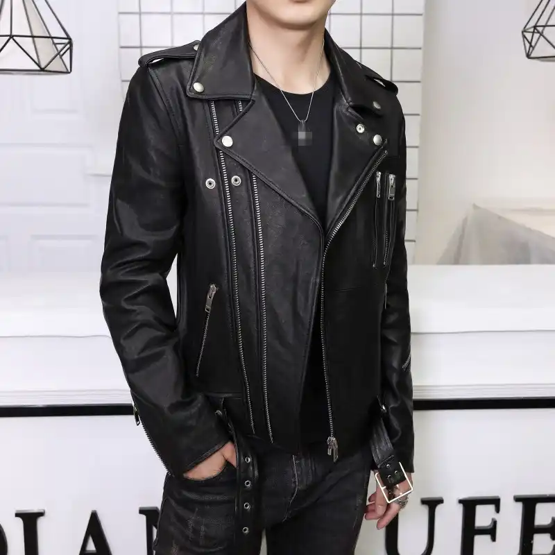 Men Motorcycle Leather Jacket Business 100 Genuine Sheepskin Coat Men Oblique Zipper Bomber Biker Jackets Black Cuero Genuino Genuine Leather Coats Aliexpress