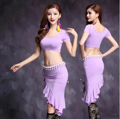 Koop Goede Kwaliteit buikdans kostuum set bellydance pratice kleding 7 kleuren Top rok M, L, XL