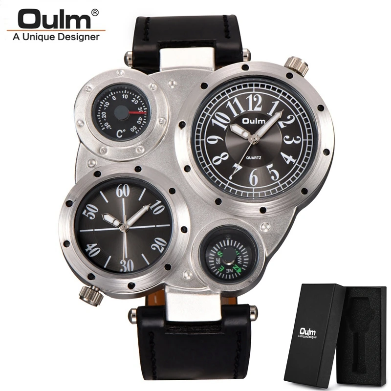 OULM HP9415 الرياضة الساعات الرجال عارضة ساعة يد جلدية الحرارة الزخرفية البوصلة مرتين منطقة الذكور ساعة كوارتز