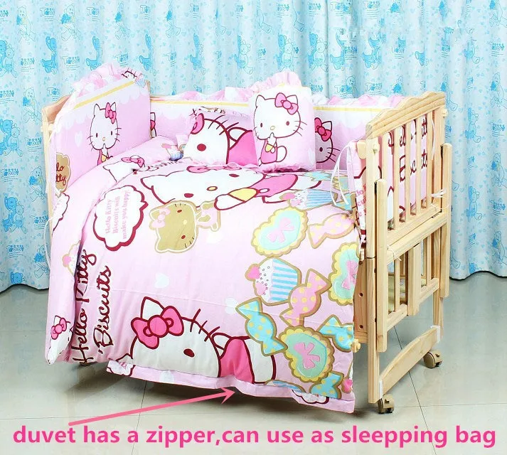 Promotion! 10PCS Hello Kitty Baby Crib Cot Bedding Set Baby Quilt Bumper Sheet Dust Ruffle (bumper+matress+pillow+duvet)