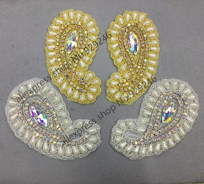 

free shipping 1 pair/pack high-quality water-drop pearl AB crystal rhinestone gold applique for bridal wedding dress decoration