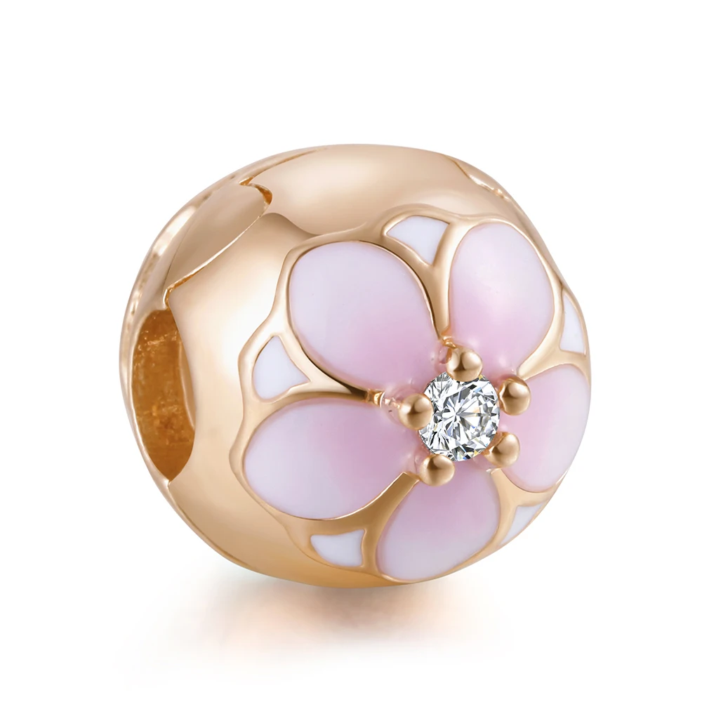 Pandulaso розовое золото очарование цветение магнолии клип бусины для ювелирных изделий подходят оригинальный браслеты стерлингового серебра