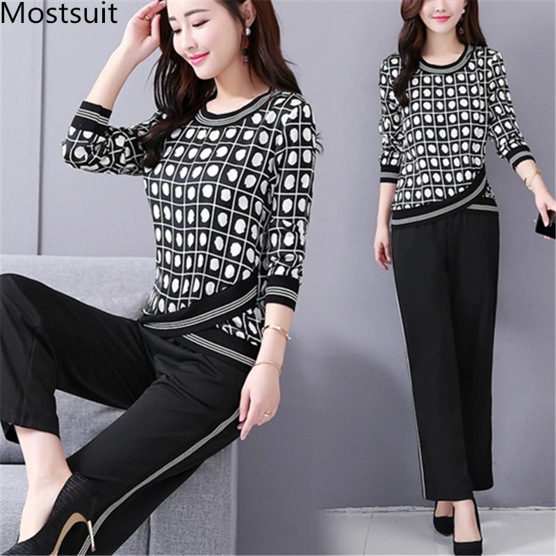 M-5x Autumn Black Printed Two Piece Sets Women Plus Size Long Sleeve Tops And Pants Suits Korean Elegant Office 2 Piece Sets