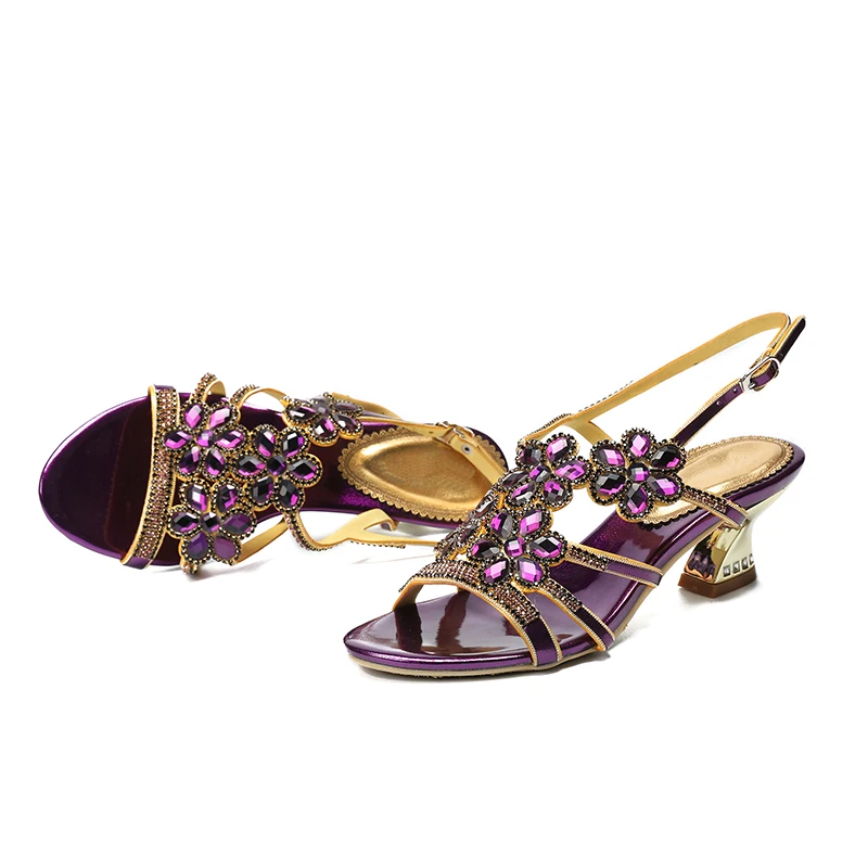 2019 Purple Luxury Rhinestone Summer Sandals Flower Block Heels Chunky Sandals Thick Heel Woman Summer Sexy Shoes