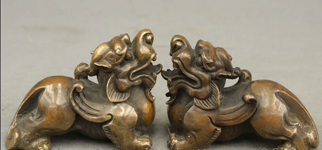 

JP S0606 Folk Chinese Bronze Copper FengShui Dragon Unicorn Protect PiXiu Statue Pair Discount 35%