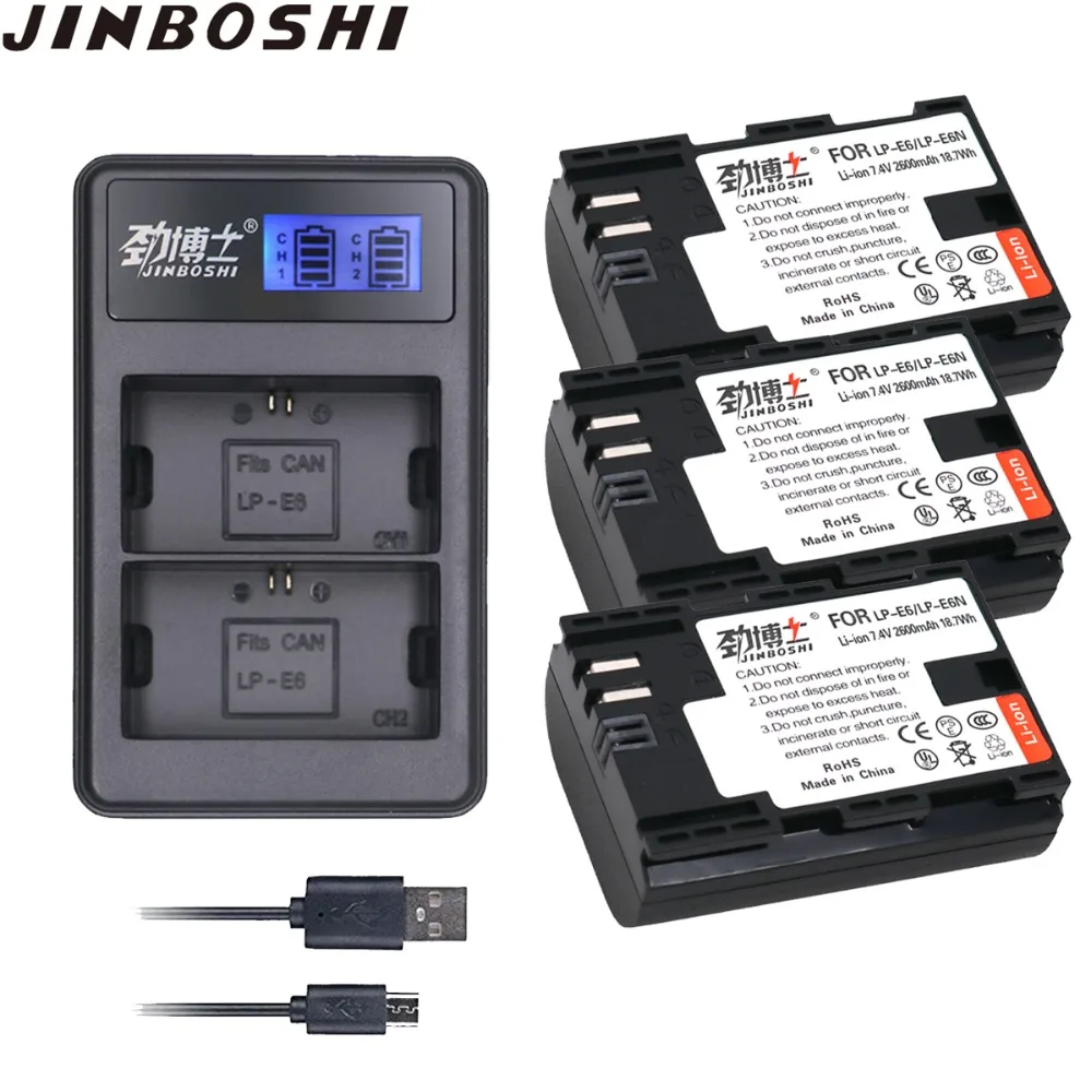 

3X LPE6 LP-E6 LP E6 E6N Battery 2620mAh + LCD Dual Charger For Canon EOS 5DS R 5D Mark II 5D Mark III 6D 7D 80D EOS 5DS R Camera