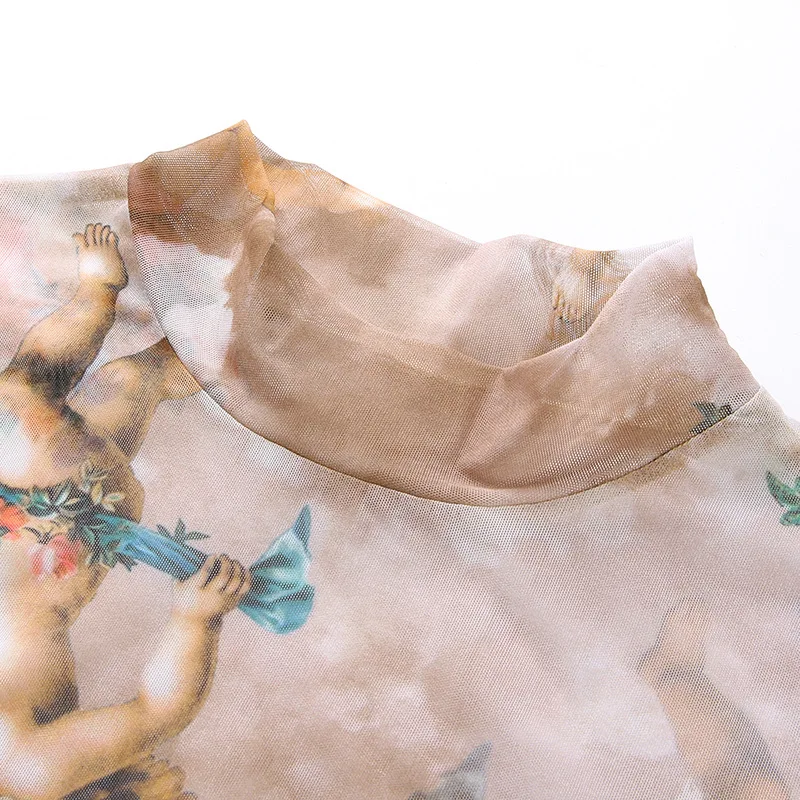 Летняя женская футболка Michelangelo Angel печать на прозрачной поверхности сетчатые Футболки с длинным рукавом Harajuku водолазка короткие сексуальные топы весна