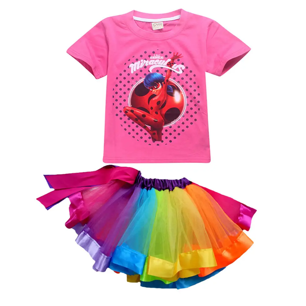 

Spring Girls Miraculous Ladybug Tops Casual T Shirts + Rainbow Tutu Skirt with Bow-knot Kids Summer Clothing Sets Teens Clothes