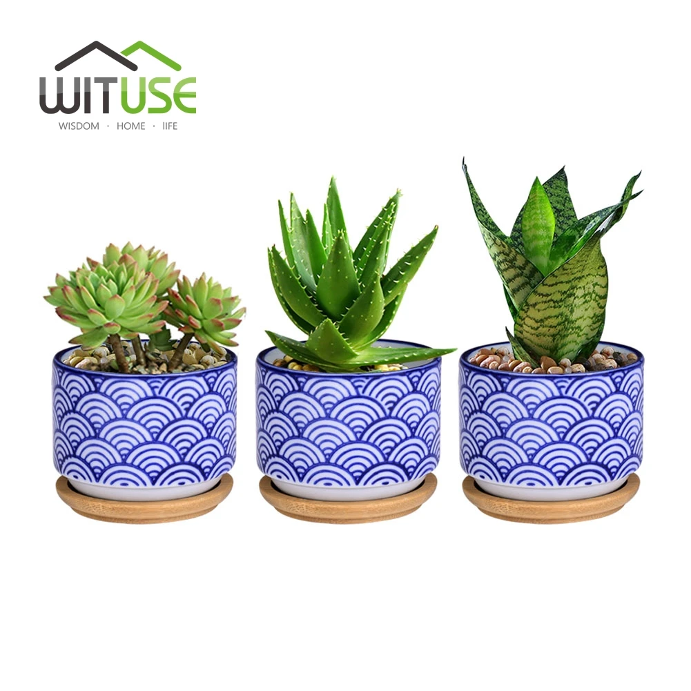 WITUSE Flowerpot + Wooden Pot Tray Japanese Style Wave Pattern Ceramic