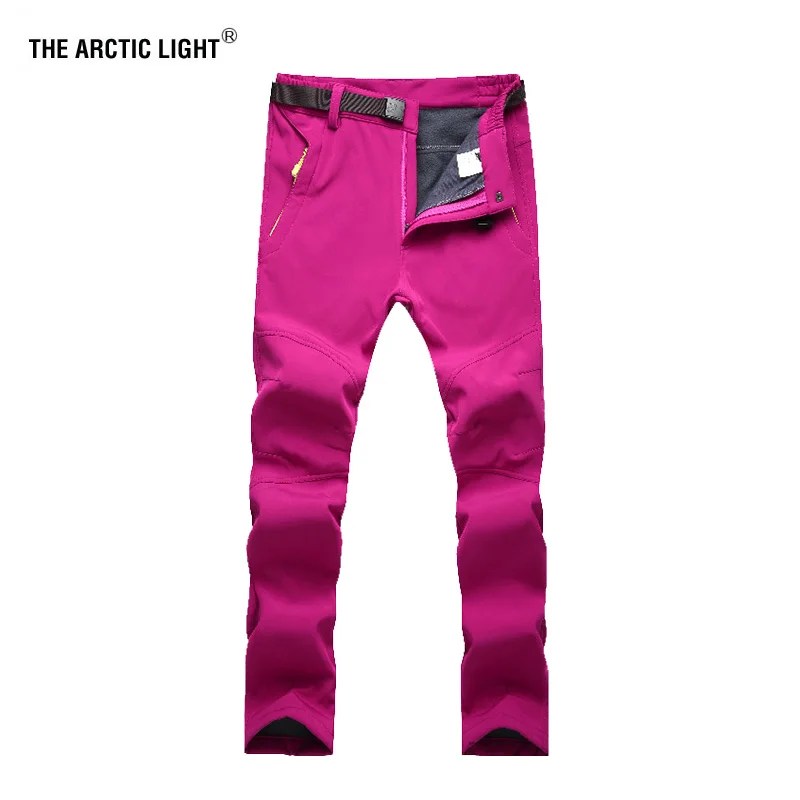 Pantalones de senderismo al aire libre de la luz del Ártico que hacen senderismo de las mujeres de lana grueso cálido elástico suave Shell pantalones transpirables a prueba de viento