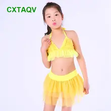 Корейская версия шнуровке для маленьких девочек из двух частей купальники, горячие источники прекрасный светло-голубой, розово-красный, желтый купальники